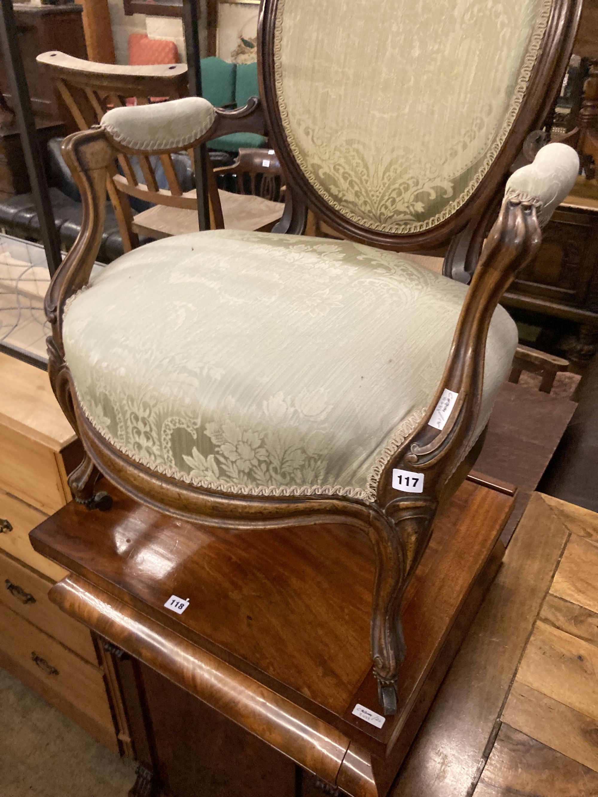 A Victorian upholstered walnut salon chair, width 63cm, depth 50cm, height 100cm